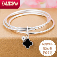 KAMIXIWA999银手镯女三环波西米亚实心银环三生三世带铃铛足银手镯