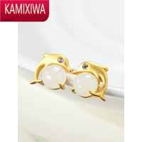 KAMIXIWA银和田玉海豚耳钉女款文艺范优雅随行设计银饰耳坠耳环