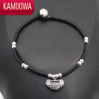 KAMIXIWAS银牡丹花如意锁脚链女复古平安锁吉祥锁银珠蜡绳编织脚环