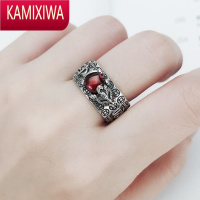 KAMIXIWAs银红色吉象貔貅戒指男士女石榴石个性潮男指环开口食指饰品