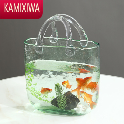 KAMIXIWA网红透明玻璃包包花瓶手提篮摆件创意轻奢客厅水养插花鱼缸装饰品