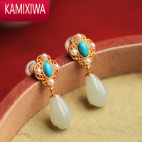 KAMIXIWA和田玉银耳环女中国风玉兰花绿松石古风气质花朵耳饰耳坠