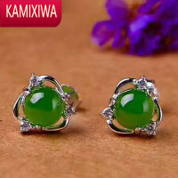 KAMIXIWA新疆和田碧玉耳钉银镶嵌碧玉女款珠宝耳环玉石耳饰