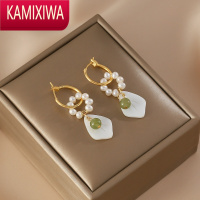 KAMIXIWA气质百搭淡水珍珠圈圈耳环女轻奢小众和田玉白贝母叶子耳坠