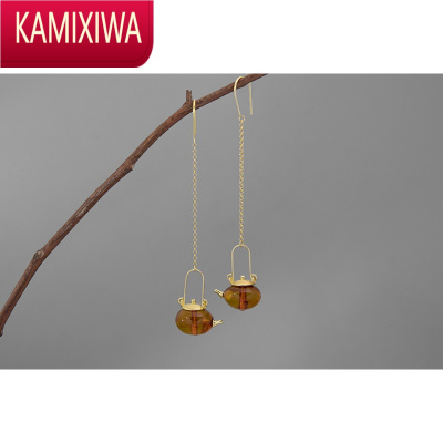 KAMIXIWA设计吃茶去琥珀茶壶耳环文艺复古茶文化S银国风国潮耳饰