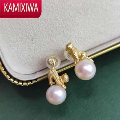 KAMIXIWA嘉岚 设计不对称猫咪珍珠耳钉S银镀金可爱时尚气质耳饰
