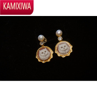 KAMIXIWA罗马复古猫咪红玛瑙浮雕卡梅奥耳环 银蕾丝花边圆牌小猫耳钉