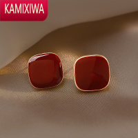 KAMIXIWA酒红色耳钉女2022年新款潮高级感气质耳环方块耳饰银针耳坠