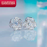 KAMIXIWA时尚轻奢莫桑石满钻花朵耳钉女玫瑰金山茶花耳饰铂金小众设计