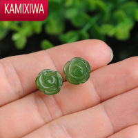 KAMIXIWA翡翠玫瑰花朵耳钉祖母绿色玉石耳环女夏银国风和田碧玉旗袍耳饰