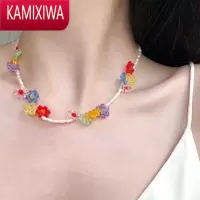 KAMIXIWA解忧饰物手工编织彩色花朵水晶拼接淡水珍珠项链少女锁骨链夏