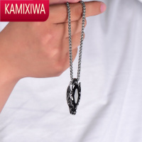 KAMIXIWA银黑曜石男士项链潮牌百搭复古黑水晶龙头吊坠霸气嘻哈饰品挂件