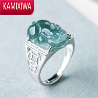 KAMIXIWAs银镶嵌a货翡翠蓝水貔貅玉石男女款可调节情侣时尚戒指