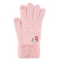 女士触屏手套冬季保暖加绒加厚分指圣诞仿貂毛针织手套