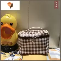 韩国简约格子化妆包女手提化妆箱洗漱大容量多功能便携旅行收纳包 三维工匠 方形化妆包 棕格
