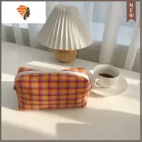 ins韩国少女 bm风格纹化妆包大容量旅行便携收纳包洗漱包收纳袋子 三维工匠 格纹化妆包*橙色格