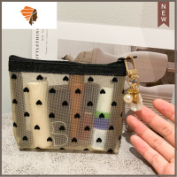 ins网纱爱心大容量收纳包随身便携小号口红女生洗漱化妆品收纳袋 三维工匠 小号网纱爱心包+贝壳挂件化妆包