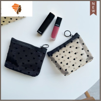 韩国ins爱心网纱简约大容量化妆包便携口红收纳包耳机包 三维工匠 黑色小号