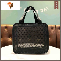 烫金字母网纱化妆包镂空便携透明手提袋时尚纯色大容量透气收纳包 三维工匠 小四方黑色