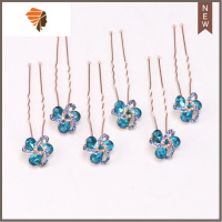 韩版水钻插针 新娘盘发头饰水晶发针U型夹发叉头饰品发型造型工具 敬平 三颗钻蓝色6只造型夹