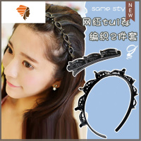 编织懒人发箍双层刘海夹固定器多层镂空编发头箍网红造型发夹子 敬平 黑色发箍+黑色发夹造型夹