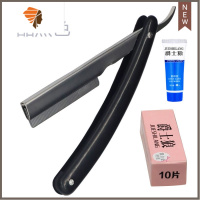 理发师手动老式剃须刀塑料剃刀刮胡刀美发刮刀理发刮脸刀刮头发刀 三维工匠 X9刮刀架_黑刀架+10刀片+剃须膏手动剃须刀