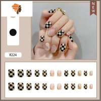 蝴蝶结甲秋冬流行色芭蕾穿戴甲成品美甲贴片学生抖音可拆卸 三维工匠 乳白色 358棋盘格子