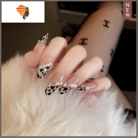 豹纹斜钻长款圆头穿戴成品假指甲贴片抖音小红书同款学生甲片 三维工匠 180豹纹斜边法式钻美甲贴