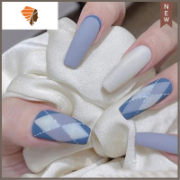 手工成品光疗美甲秋冬网红英伦风灰蓝菱格穿戴甲可拆卸假指甲贴片 三维工匠 XS 码14-10-11-10- 8 英伦美甲贴