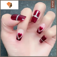 假指甲贴片 秋冬渐变新娘美甲 可反复拆卸可取可带穿戴式定制美甲 三维工匠 酒红闪心款(小码 S)美甲贴