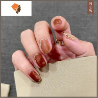 抖音初秋新款指甲贴片金边棕色晕染穿戴甲中长圆美甲成品手工定制 三维工匠 金边棕色晕染定制 其他甲型码数备注美甲贴