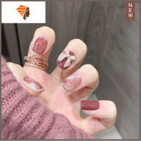 网红款假指甲贴片美甲成品拆卸穿戴甲防水贴纸蝴蝶结短款美甲贴片 三维工匠 大理粉