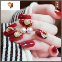 指甲贴片新娘穿戴式中式美甲贴片结婚孕妇哺乳婚纱照婚甲成品贴片 三维工匠 156酒红璀璨吊坠
