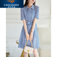 品牌连衣裙女2023夏季新款蓝色条纹气质短袖系带收腰显瘦衬衫裙潮