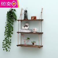 免打孔麻绳一字隔板实木书架墙上装饰架层板客厅定制壁挂式置物架 FENGHOU 复古色三层50*15