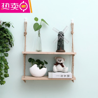 免打孔麻绳一字隔板实木书架墙上装饰架层板客厅定制壁挂式置物架 FENGHOU 原木色两层50*15