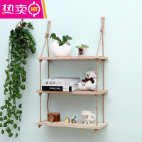 免打孔麻绳一字隔板实木书架墙上装饰架层板客厅定制壁挂式置物架 FENGHOU 原木色三层50*15