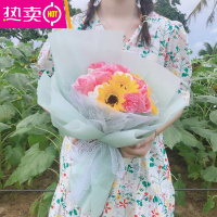 香皂花束向日葵玫瑰仿真花拍照道具毕业生日送闺蜜老师情人节七夕 FENGHOU 浅绿 混搭19朵含袋+灯+贺卡