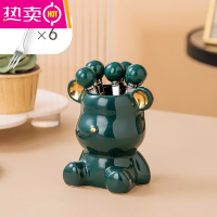 FENGHOU304水果叉子家用水果签不锈钢儿童安全果插蛋糕小叉子桌面装饰品 绿色小熊+6叉