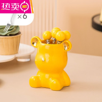 FENGHOU304水果叉子家用水果签不锈钢儿童安全果插蛋糕小叉子桌面装饰品 黄色小熊+6叉