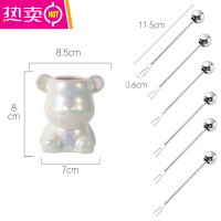 FENGHOU轻奢水果叉子水果签家用餐具不锈钢可爱甜品盘刀叉套装创意收纳罐 小熊[炫彩]+圆珠叉子6只装