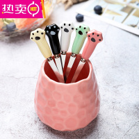 FENGHOU水果叉子不锈钢儿童卡通创意可爱签果插家用吃点心水果小叉子套装 5只叉+(粉)陶瓷罐