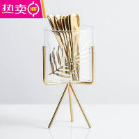 FENGHOU玻璃收纳罐果叉套装创意北欧轻奢欧式叉子家用不锈钢水果签果插子 金叶玻璃罐+三角金架+6根圆圆叉