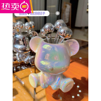 FENGHOUins风不锈钢水果叉家用轻奢儿童甜品果签小叉子陶瓷熊罐收纳套装 炫彩 小熊+ 不锈钢 圆珠 果叉6支