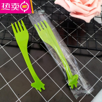 FENGHOU水果叉子一次性塑料签创意卡通长颈鹿叉子儿童小鹿蛋糕叉子 果绿色独立装100个小鹿叉子