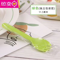 FENGHOU一次性叉子叉勺一体蛋糕甜品沙拉外卖餐具水果叉独立包装塑料勺子 绿色独立100只