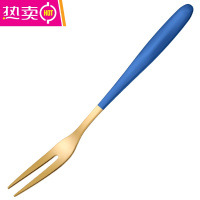 FENGHOU304不锈钢水果叉蛋糕叉北欧7支套装水果签创意可爱月饼叉子甜品叉 蓝金水果叉 1支
