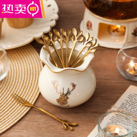 FENGHOU欧式水果叉套装创意可爱家用客厅勺子不锈钢叉子水果叉欧式小奢华 梅花鹿B款收纳罐+8个树叶果叉