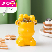 FENGHOU叉子水果叉不锈钢小叉子收纳罐摆件家居饰品儿童安全小勺子水果签 黄色小熊+6叉
