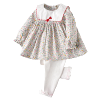 罗町 女童套装韩版春秋米色圆领花边碎花裙加打底裤婴儿裙套装